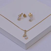Conjunto Folheado a Ouro Brinco e Colar Flor com Zircônias