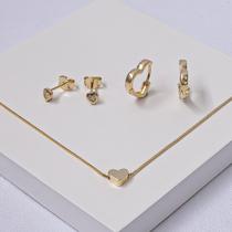 Conjunto Folheado a Ouro Colar e Brincos Coração com Zircônia Conjunto Folheado a Ouro Colar e Brincos Coração com Zircônia