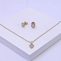Conjunto Folheado a Ouro Coração Cravejado com Zircônias