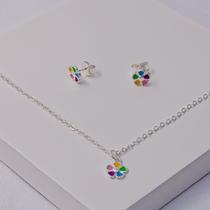 Conjunto Folheado a Prata Infantil Colar e Brinco Flor Resinada