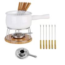 Conjunto Fondue 11 Peças Ceramica Panela Garfo Fogareiro Bambu Chocolate Queijo Frutas Vinho Molho Caldo Frio Outono Inverno Cozinha Gourmet Lazer