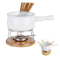 Conjunto Fondue 11 Peças Ceramica Panela Garfo Fogareiro Bambu Frio Inverno Queijo Chocolate Molho Caldo Cozinha Gourmet Lazer