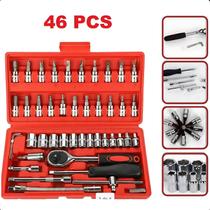 Conjunto funcional com 46 ferramentas organizadas.