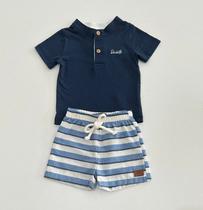 Conjunto G/3 Divertto Camiseta Azul Marinho e Bermuda Listrada Azul/Branco Conjunto G/3 Divertto Camiseta Azul Marinho e Bermuda Listrada Azul/Branco