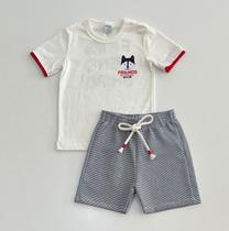Conjunto G/3 Divertto Camiseta Branca Estampa Cachorro e Bermuda Listrada Conjunto G/3 Divertto Camiseta Branca Estampa Cachorro e Bermuda Listrada