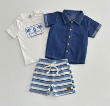 Conjunto G/3 Divertto Camiseta Branca Estampa Surf, Camisa Jeans e Bermuda Listrada
