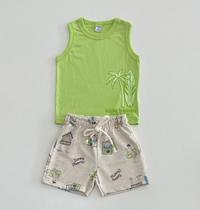 Conjunto G/3 Divertto Regata Verde Neon Estampa Coqueiro e Bermuda Estampada