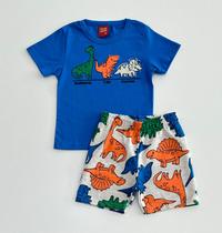 Conjunto G/3 Kyly Camiseta Azul Dinossauros em Relevo e Bermuda Moletom