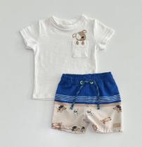 Conjunto G/3 Luc.Boo Camiseta Branca Cachorrinho e Bermuda Azul Conjunto G/3 Luc.Boo Camiseta Branca Cachorrinho e Bermuda Azul