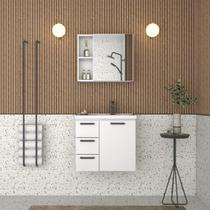 Conjunto Gabinete AME Para Banheiro Com Toucador e Espelheira Com Prateleiras Para Objetos Lavatório Com Bordas Sobrepostas Puxadores em Alumínio em A