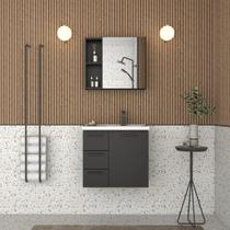 Conjunto Gabinete AME Para Banheiro Com Toucador e Espelheira Com Prateleiras Para Objetos Lavatório Com Bordas Sobrepostas Puxadores em Alumínio em A