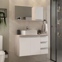 Conjunto gabinete banheiro completo prisma 80cm madeirado/branco