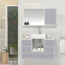 Conjunto Gabinete Banheiro POLO 80cm Branco/Cinza- Gabinete + Cuba + Espelheira + Tampo Vidro - MOVEIS JOIA