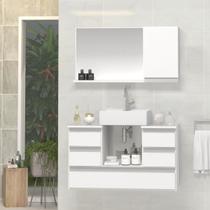 Conjunto Gabinete Banheiro POLO 80cm Branco - Gabinete + Cuba + Espelheira + Tampo Vidro