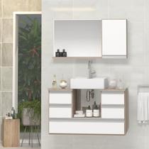 Conjunto Gabinete Banheiro POLO 80cm Madeirado/Branco - Gabinete + Cuba + Espelheira + Tampo Vidro