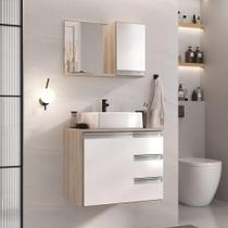 Conjunto Gabinete Banheiro Prisma 60cm - Gabinete + Cuba + Espelheira - Com Vidro Madeirado Branco