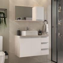 Conjunto Gabinete Banheiro Prisma 80cm Gabinete + Cuba + Espelheira Com Vidro Madeirado Branco