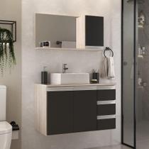 Conjunto Gabinete Banheiro Prisma 80cm Gabinete + Cuba + Espelheira Com Vidro Madeirado Preto