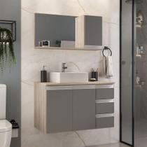 Conjunto Gabinete Banheiro Prisma 80cm Gabinete + Cuba + Espelheira Madeirado Cinza Conjunto Gabinete Banheiro Prisma 80cm Gabinete + Cuba + Espelheira Madeirado Cinza