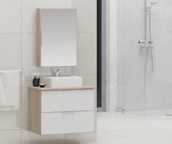 Conjunto Gabinete Banheiro RUBI 60cm - Gabinete + Cuba + Espelheira - Madeirado/Branco