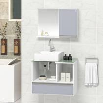 Conjunto Gabinete Banheiro Venus 60cm Branco/Cinza - Gabinete + Cuba + Espelheira + Tampo Vidro Conjunto Gabinete Banheiro Venus 60cm Branco/Cinza - Gabinete + Cuba + Espelheira + Tampo Vidro