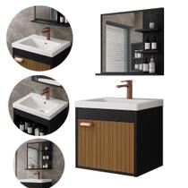 Conjunto gabinete com espelheira e cuba para banheiro Hercules preto ripado