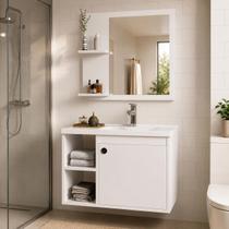 Conjunto Gabinete e espelheira para Banheiro 60cm Branco c/ cuba e espelho MDP Verona Suspenso Lavabo Conjunto Gabinete e espelheira para Banheiro 60cm Branco c/ cuba e espelho MDP Verona Suspenso Lavabo