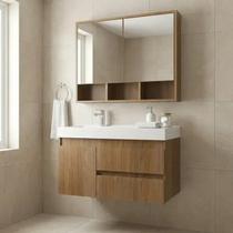 Conjunto Gabinete para Banheiro com Cuba e Espelheira Suspenso 80cm em MDF Orla Noce/Noce
