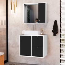 Conjunto Gabinete para Banheiro com Cuba Sobrepor, Tampo de Vidro e Espelheira Toro 60 cm Branco/Preto