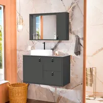 Conjunto Gabinete para Banheiro com Cuba Sobrepor, Tampo de Vidro e Espelheira Toro 80cm