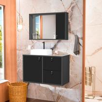 Conjunto Gabinete para Banheiro com Cuba Sobrepor, Tampo de Vidro e Espelheira Toro 80cm