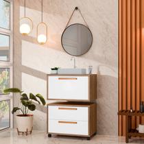 Conjunto Gabinete para Banheiro com Rodizio, com Cuba de sobrepor e Espelho Kyoto 60cm Avelato/Branco