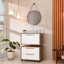 Conjunto Gabinete para Banheiro com Rodizio, Tampo de Vidro, Cuba de Sobrepor e Espelho Kyoto 60 cm Branco/Avelato Conjunto Gabinete para Banheiro com Rodizio, Tampo de Vidro, Cuba de Sobrepor e Espelho Kyoto 60 cm Branco/Avelato