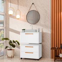 Conjunto Gabinete para Banheiro com Rodizio, Tampo de Vidro, Cuba de Sobrepor e Espelho Kyoto 60 cm Branco Conjunto Gabinete para Banheiro com Rodizio, Tampo de Vidro, Cuba de Sobrepor e Espelho Kyoto 60 cm Branco