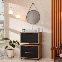 Conjunto Gabinete para Banheiro com Rodizio, tampo de vidro, Cuba de sobrepor e Espelho Kyoto 60 cm