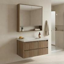 Conjunto Gabinete para Banheiro Suspenso com Cuba e Espelheira com Nicho em MDF 82cm Prime Yescasa Noce Marrom Conjunto Gabinete para Banheiro Suspenso com Cuba e Espelheira com Nicho em MDF 82cm Prime Yescasa Noce Marrom