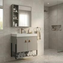 Conjunto Gabinete para Banheiro Suspenso em MDF com Cuba, Nichos e Espelheira 60cm Maré Cimento