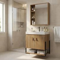 Conjunto Gabinete para Banheiro Suspenso em MDF com Cuba, Nichos e Espelheira 60cm Maré Noce