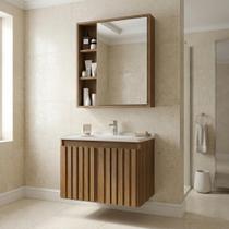 Conjunto Gabinete para Banheiro Suspenso Ripado com Cuba e Espelheira em MDF 60cm Alpes Noce Conjunto Gabinete para Banheiro Suspenso Ripado com Cuba e Espelheira em MDF 60cm Alpes Noce
