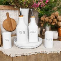 Conjunto Galheteiro Porcelana Bandeja Redonda Azeite e Vinagre