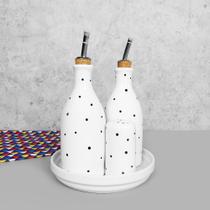 Conjunto Galheteiro Porcelana Bandeja Redonda Branco Poá Preto