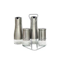 Conjunto Galheteiro Prático Inox Vidro 4 Peças Porta Azeite Vinagre Temperos Condimentos Especiarias