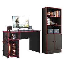 Conjunto Gamer Armário 2 Portas e Mesa para Computador 3875 Preto/Vermelho - Qmovi