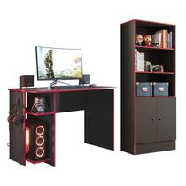 Conjunto Gamer Armário 2 Portas e Mesa para Computador 3875 Preto/Vermelho - Qmovi Conjunto Gamer Armário 2 Portas e Mesa para Computador 3875 Preto/Vermelho - Qmovi