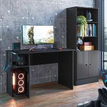 Conjunto Gamer Preto Fosco Mesa Gamer Ninja Prateleira E Suporte Para Cpu + Armário Gamer Royale