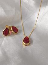 Conjunto gargantilha e brincos pedra vermelha
