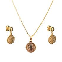 Conjunto Gargantilha Feminina Veneziana Folheada a Ouro e Brinco Medalha São Bento Caixa de Luxo