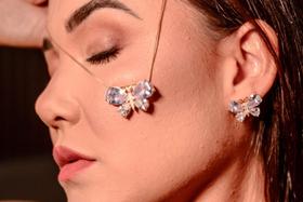 Conjunto! Gargantilha veneziana e par de brincos borboleta em zircônia. Conjunto! Gargantilha veneziana e par de brincos borboleta em zircônia.