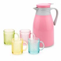 Conjunto Garrafa Térmica 1L Rosa e 4 Copos Vidro 190ml para Café Chá Leite Conjunto Garrafa Térmica 1L Rosa e 4 Copos Vidro 190ml para Café Chá Leite