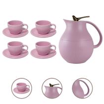 Conjunto Garrafa Térmica Café Chá Pássaro Dourado 1L com 4 Xícaras Pires Cerâmica 210ml